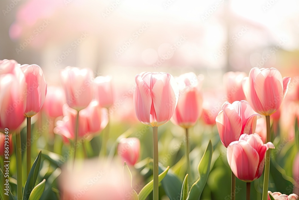 On a background of lush greenery, there are delicate pink tulips in a garden. a focused soft focus. 