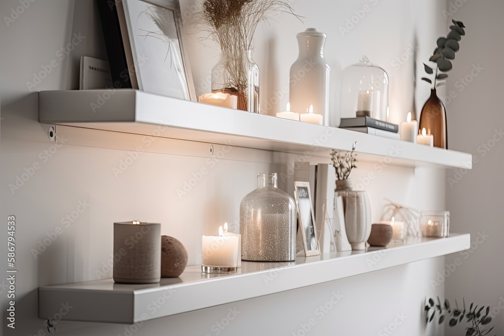 Decorative white wall shelf. Luxury minimalist interior design. Scandinavian hygge decor. Fragrance,