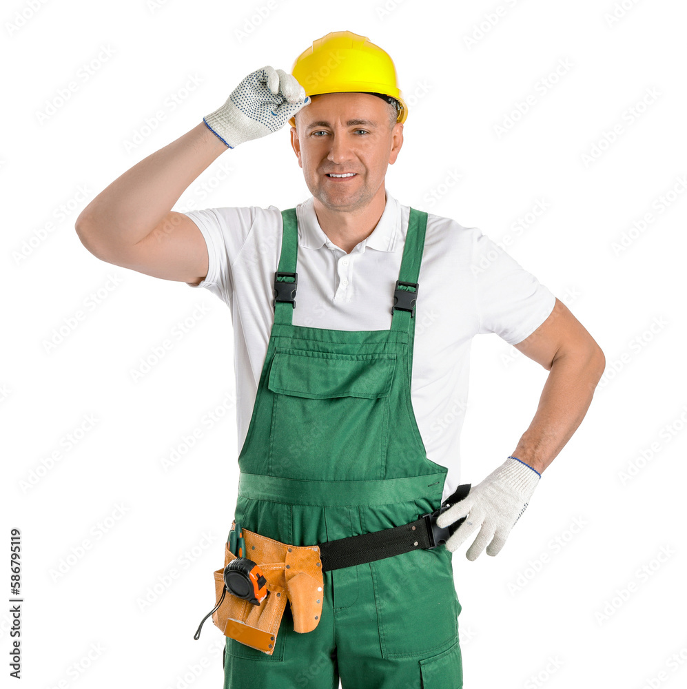 Mature carpenter in hardhat on white background