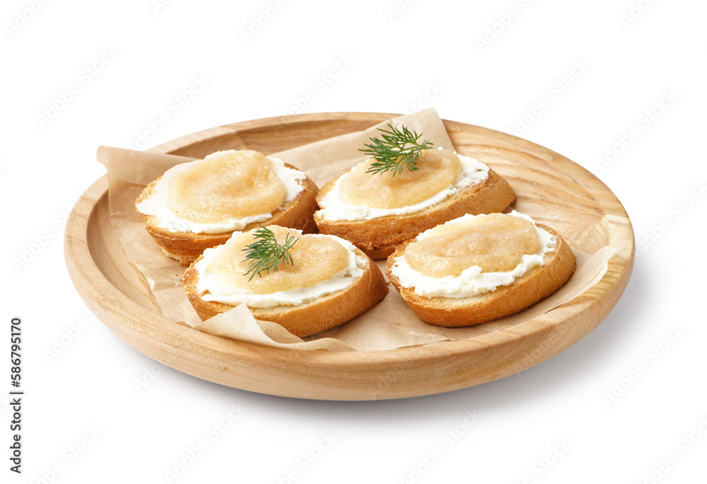 Board of delicious canapes with caviar of capelin isolated on white background