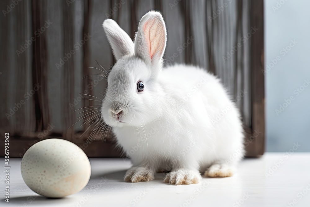 Easter bunny rabbit holding a white egg, holiday idea. Generative AI