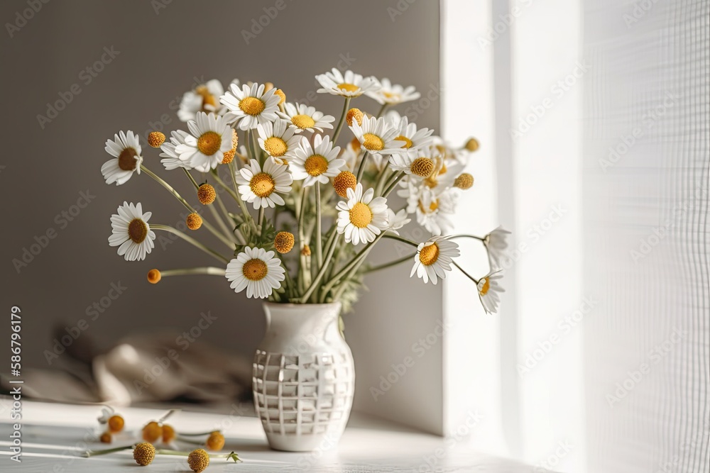 Daisy blooms with sunrays on white backdrop. Summer feelings, basic house décor. Boho room with dais