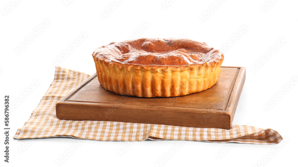 Board with delicious meat pie isolated on white background