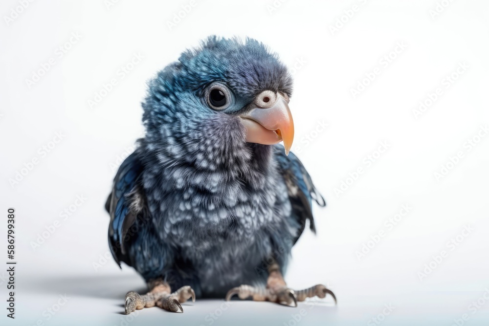 Forpus blue color isolated on white background baby little bird parrot parakeet 1 month age. Generat