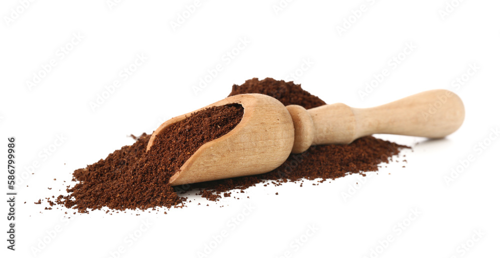 Wooden scoop with coffee powder isolated on white background