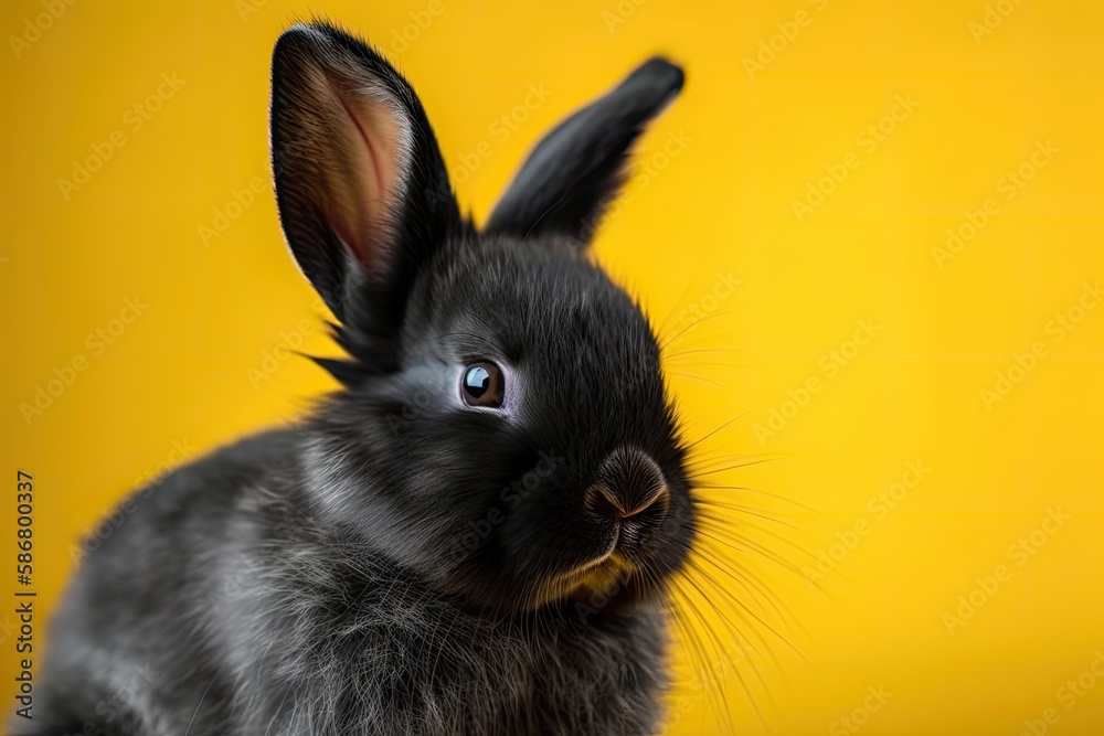 On a yellow background, a cute baby bunny. Young and adorable bunny in motion. Beautiful pet with a 