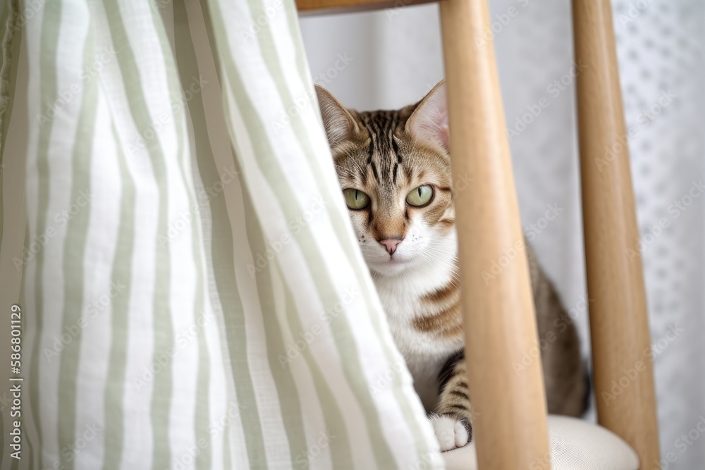 White striped cat on a chair, coated in white cloth. Generative AI