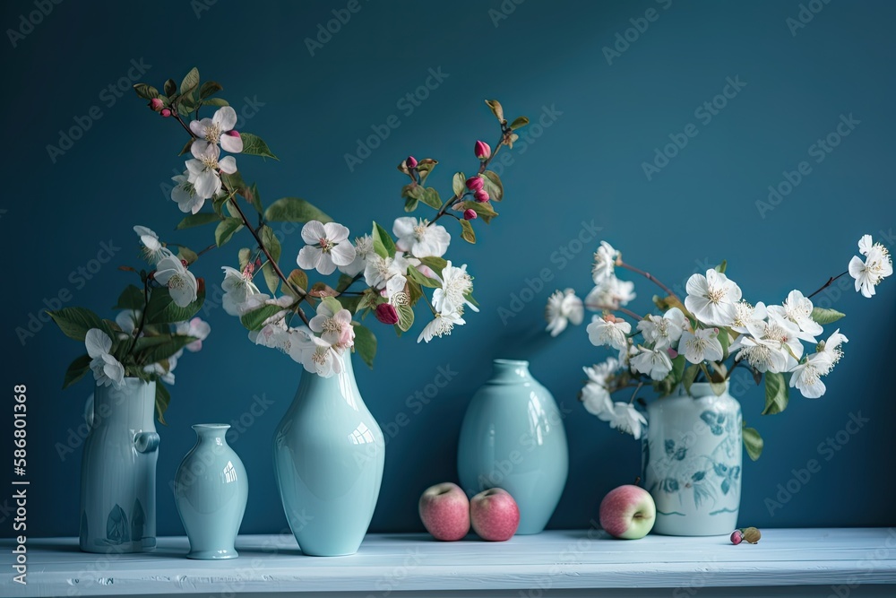 on a blue wall background, there are apple tree branches and pink vases of flowers. Generative AI