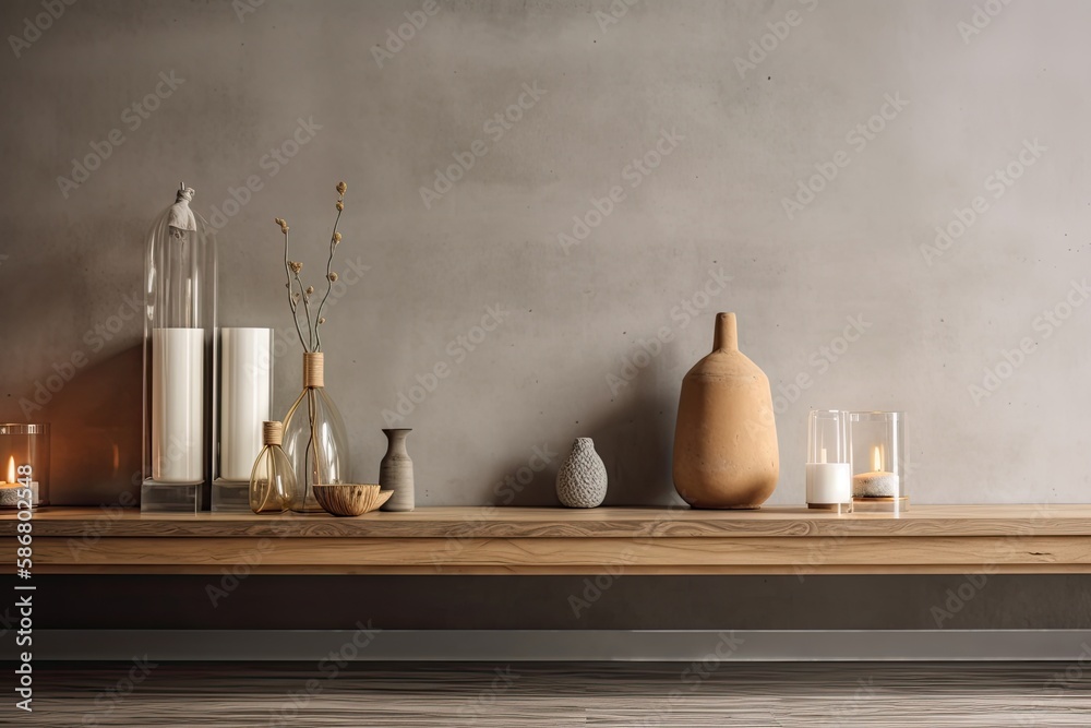 A wooden tabletop or shelf with fragrant stick and bottle adornments is placed above a living rooms