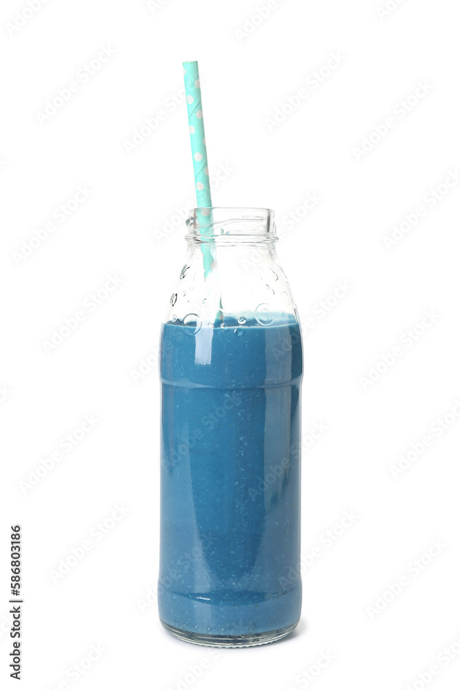 Glass bottle of tasty blue smoothie with straw on white background