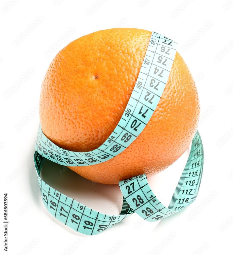 Orange and blue measuring tape on white background. Diet concept