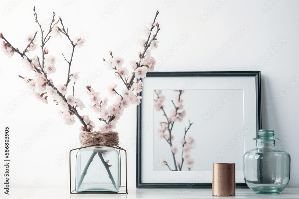 branches of almond blossoms in a vase with a facsimile of a photo frame. Copy space with a white bac