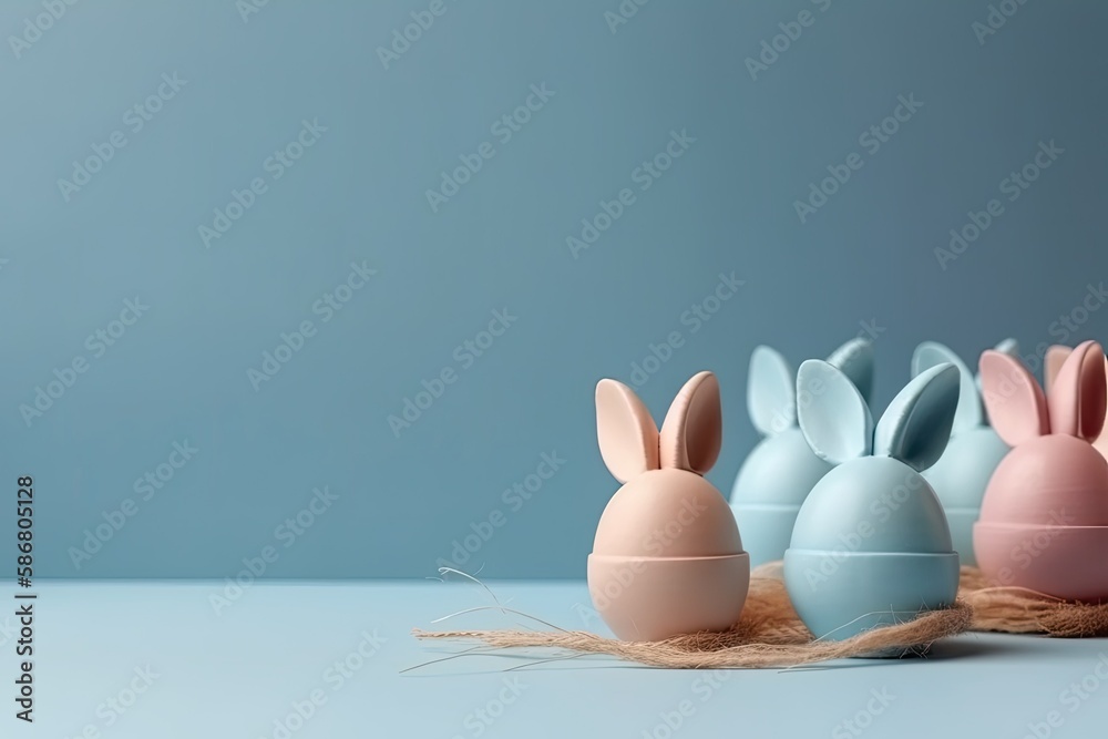 three Easter eggs with bunny ears. Generative AI