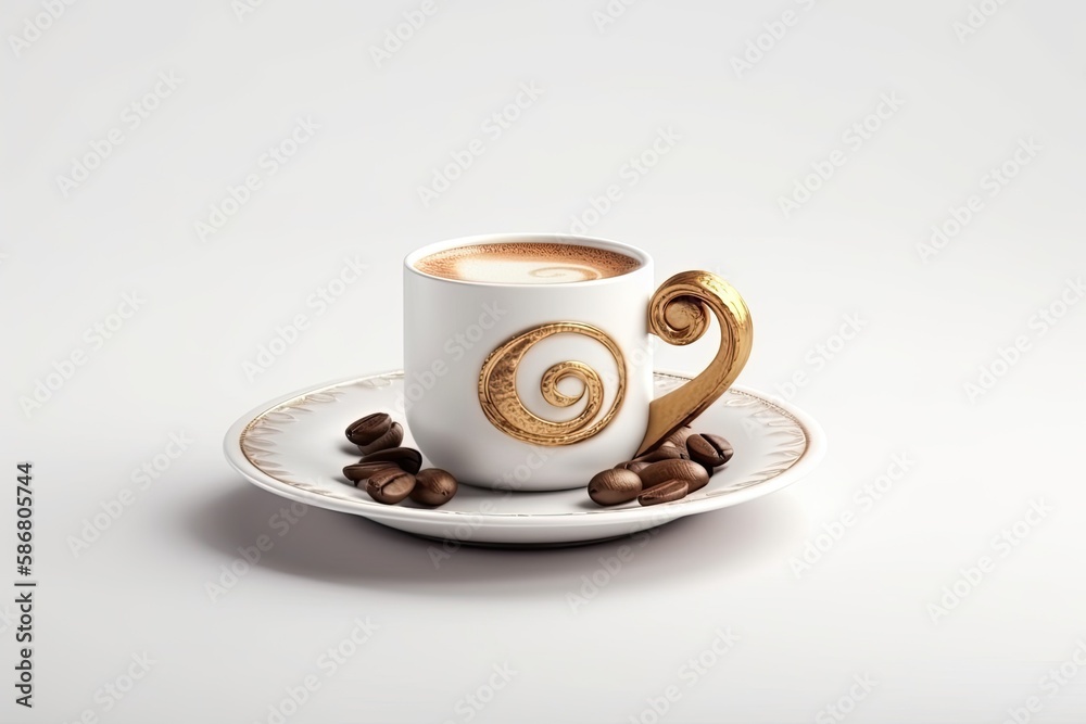 coffee cup and saucer with fresh coffee beans on a saucer. Generative AI