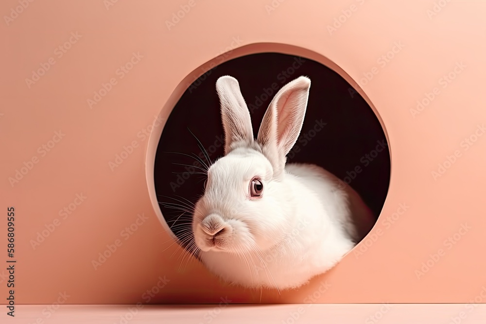 white rabbit sitting inside a circular hole. Generative AI