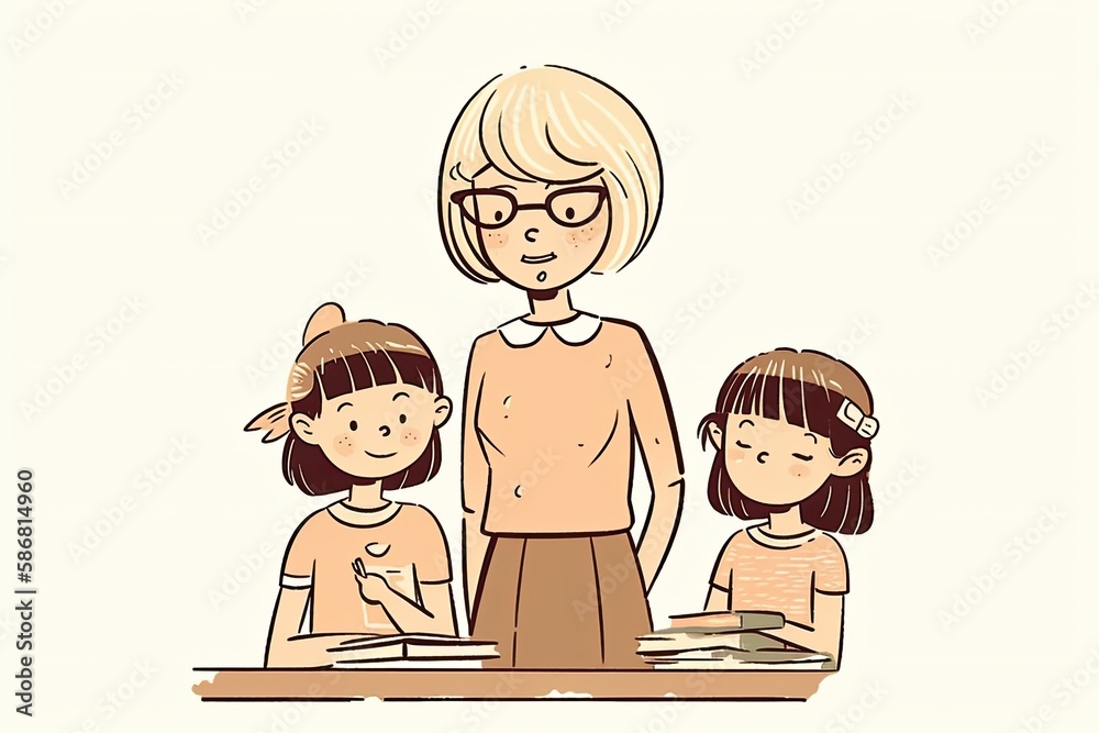 mother and daughters doing homework at a desk. Generative AI