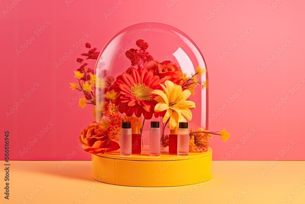 bell-shaped glass jar filled with colorful flowers on a wooden table. Generative AI