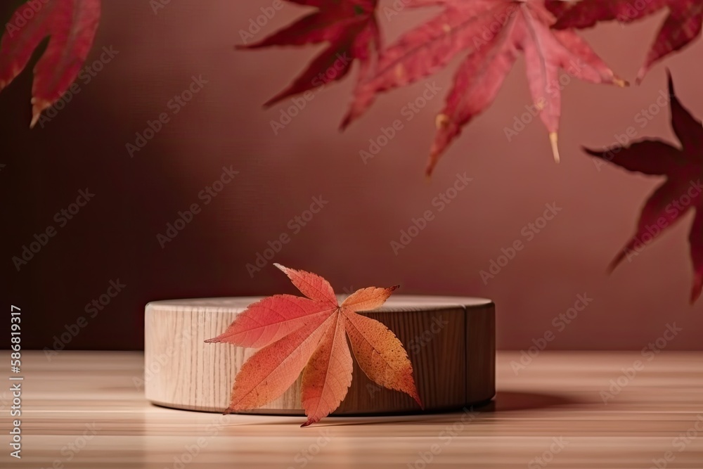 wooden box with a carved maple leaf on the lid. Generative AI