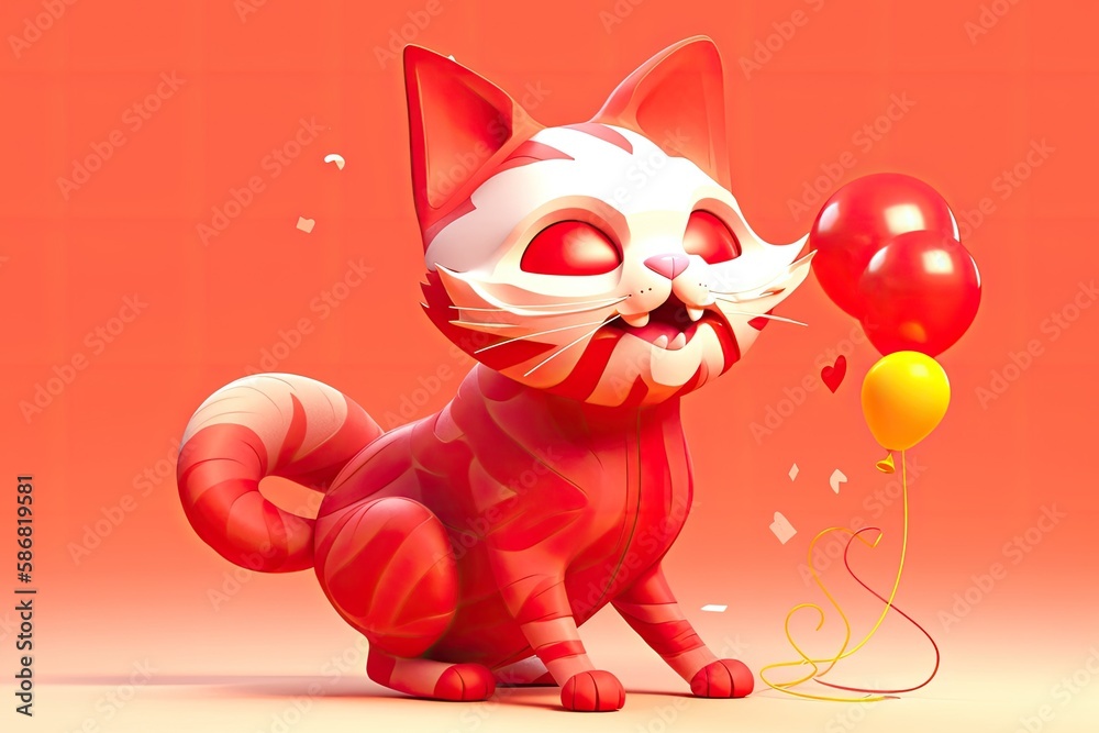 playful red cat holding a red balloon in its mouth. Generative AI