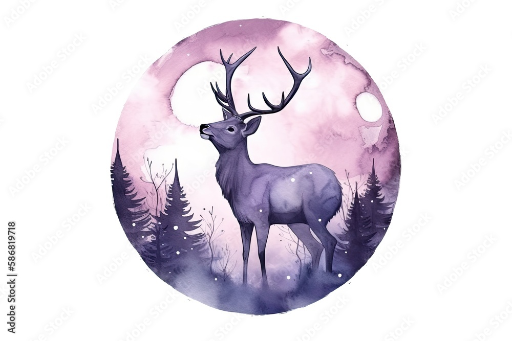 majestic deer silhouetted against a glowing full moon. Generative AI