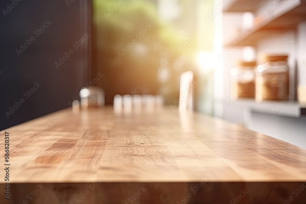 rustic wooden kitchen table with utensils and ingredients scattered on top. Generative AI