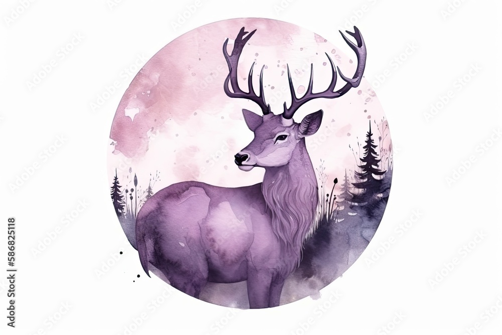 majestic deer in a serene forest setting, painted in watercolor. Generative AI