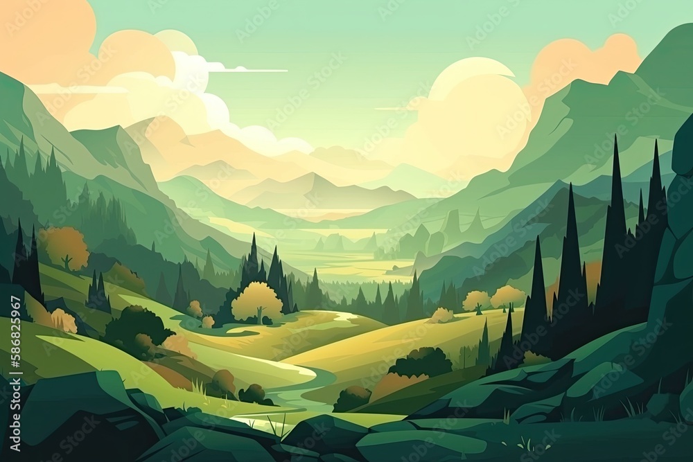 serene mountain valley landscape with lush trees. Generative AI