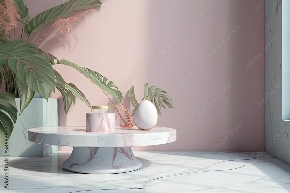 Minimalist Marble Table with a Potted Plant in a Sunlit Corner. Generative AI