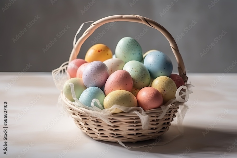 basket full of fresh eggs on a wooden table. Generative AI