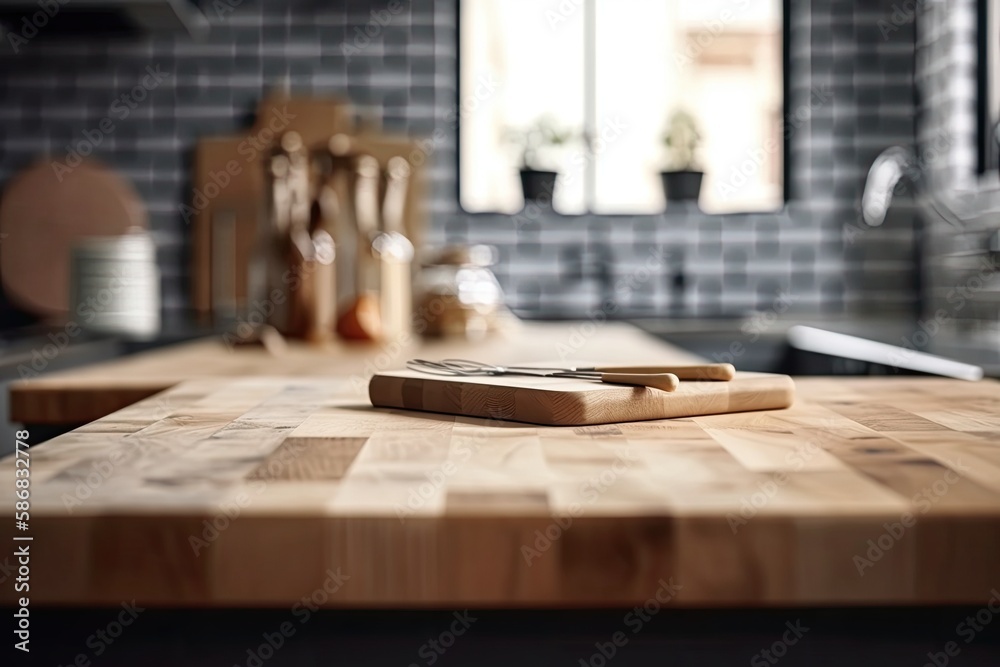 wooden cutting board on a kitchen countertop. Generative AI