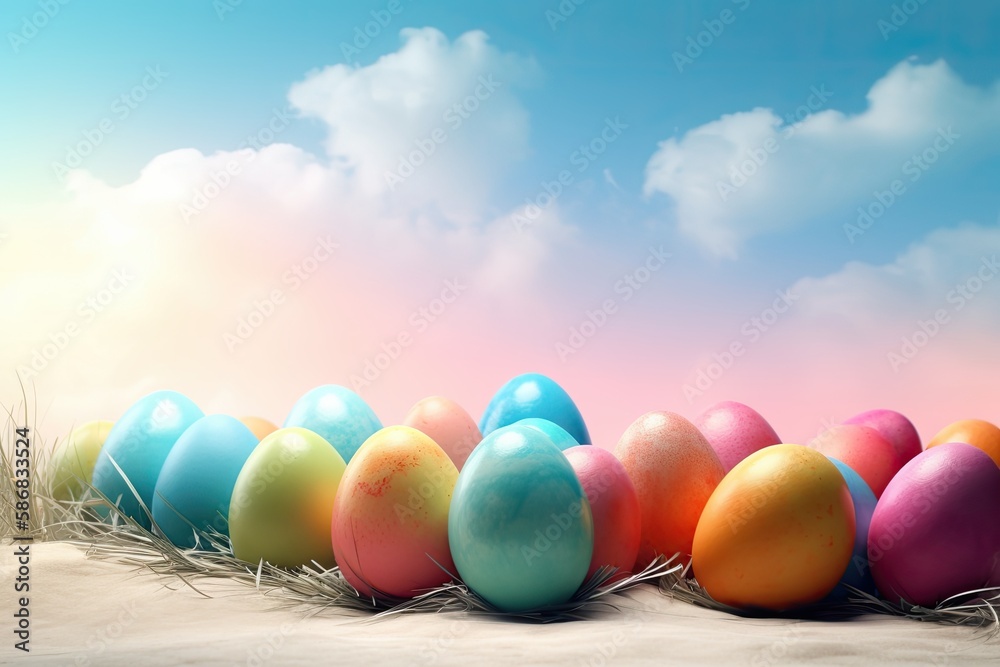 row of unbroken eggs on a sandy beach. Generative AI