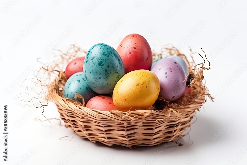 colorful Easter basket filled with eggs. Generative AI