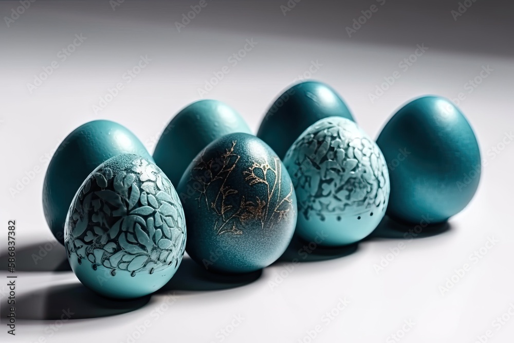 row of vibrant blue eggs resting on a wooden table. Generative AI