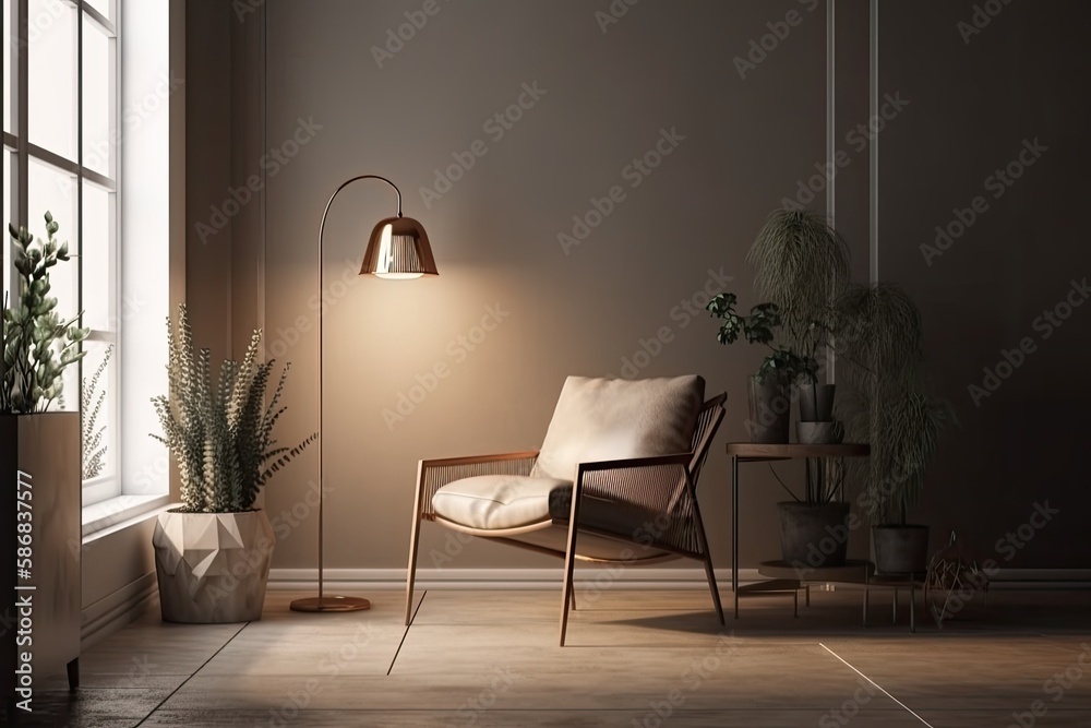 cozy living room with a vintage armchair and a warm lamp. Generative AI