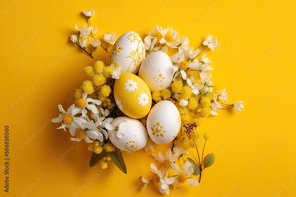 colorful springtime bouquet with Easter eggs on a sunny yellow background. Generative AI