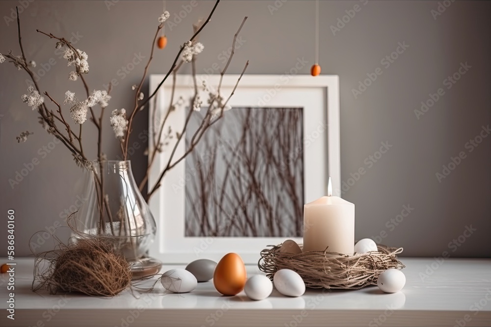 Spring-themed table setting with flowers, eggs, and a candle. Generative AI