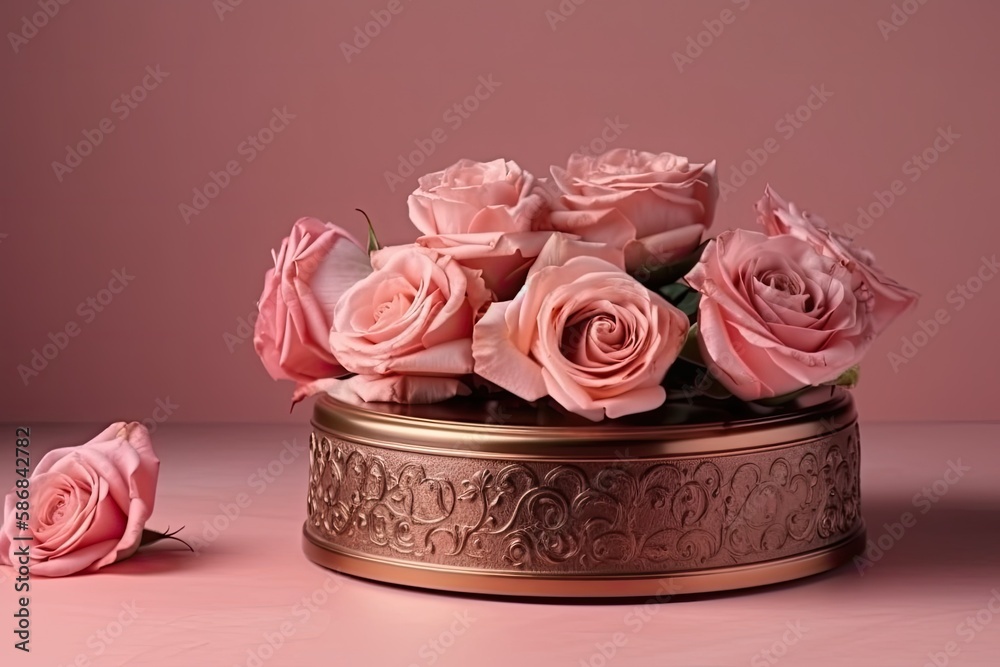 bouquet of pink roses arranged in a metal vase. Generative AI