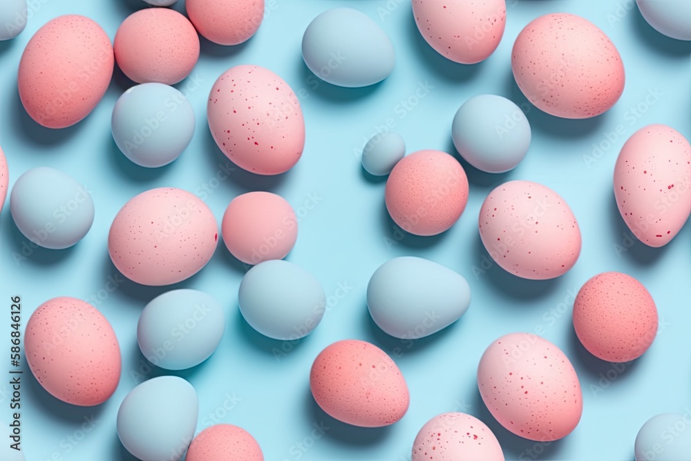 speckled eggs on a blue and pink background. Generative AI