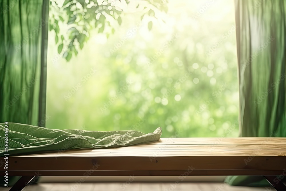 wooden table with a green blanket. Generative AI