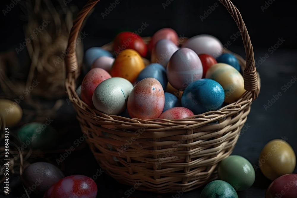 colorful Easter basket filled with eggs. Generative AI