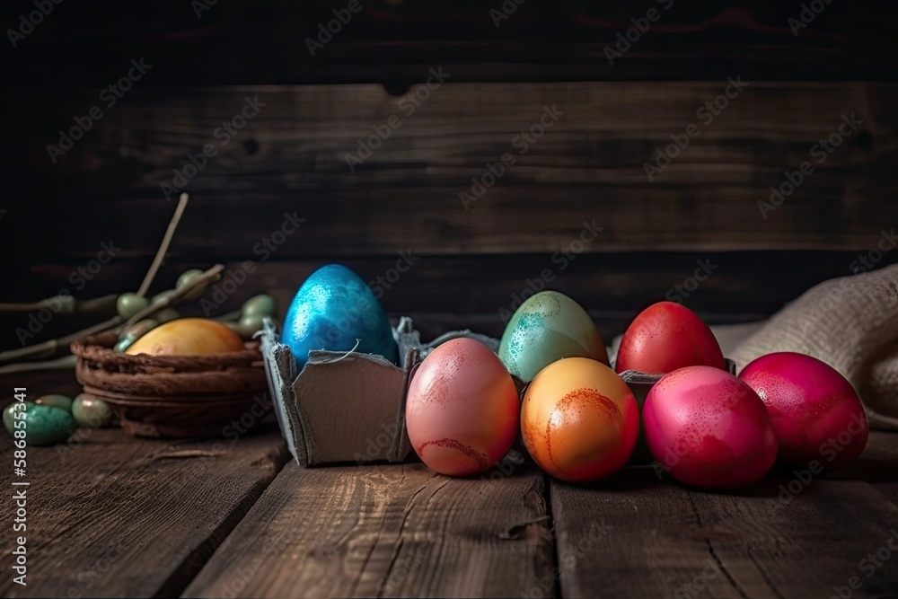 eggs arranged on a rustic wooden table. Generative AI