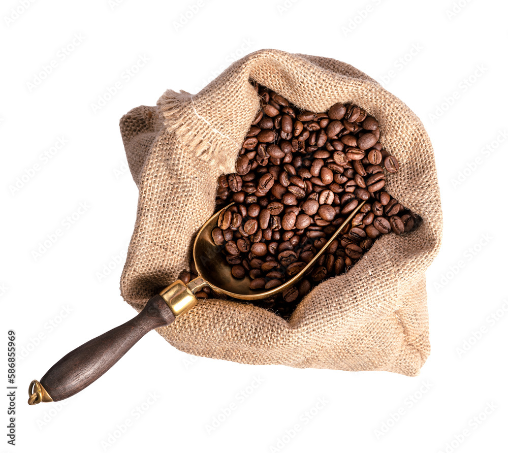 Scoop of coffee beans in a bag on white background. Coffee in scoop isolated. Top view of coffee.