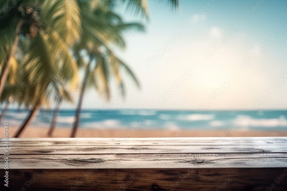 Wooden Table Overlooking a Beautiful Beach View. Generative AI