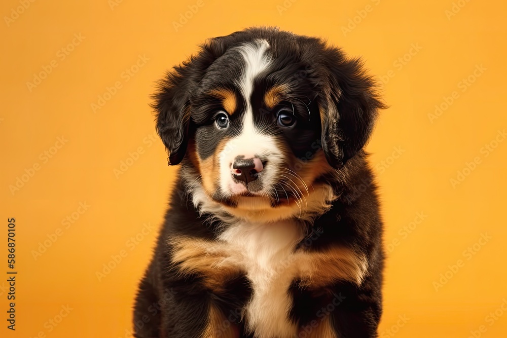 Posing Berner Sennenhund puppy. On a yellow background, a cute puppy or other pet is playing. appear