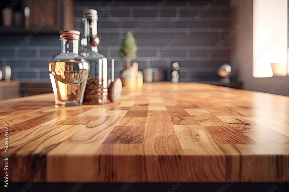 rustic wooden bar counter with various bottles and glasses on it. Generative AI