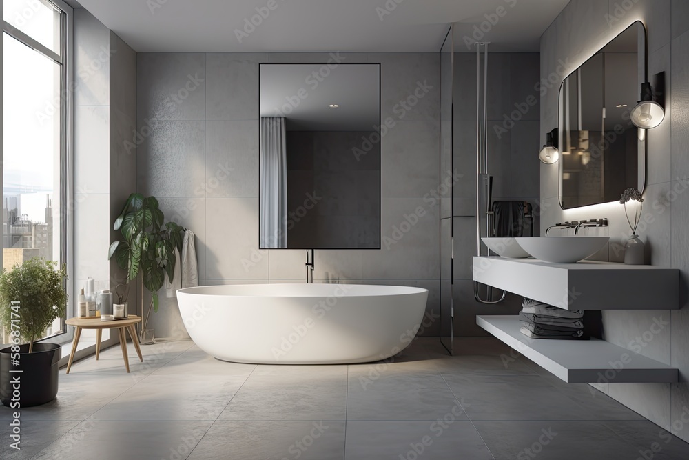 Bathroom corner in gray and white with tiled floor, white tub, and sink with a big mirror. a mockup.