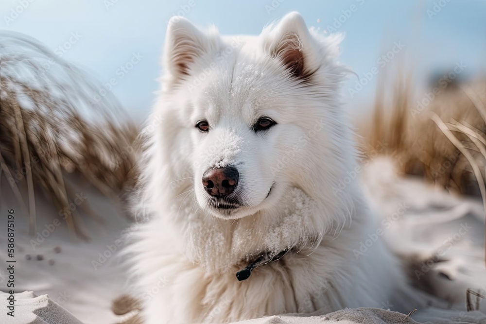 Close up of a white Samoyed dogs muzzle on a snowy Saulkrasti beach dune in Latvia. Generative AI