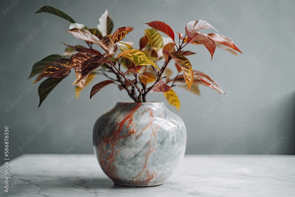 Pottery vase. Gorgeous fake plant in flower pot arrangement on light grey marble table. Modern inter