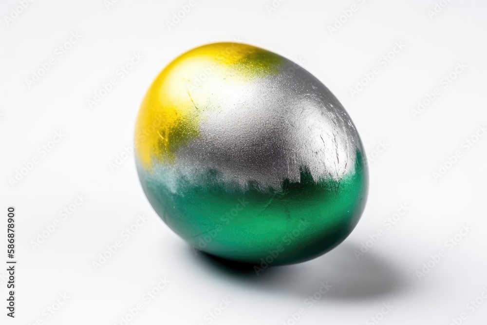 silver and green painted Easter egg on a plain white background. Generative AI