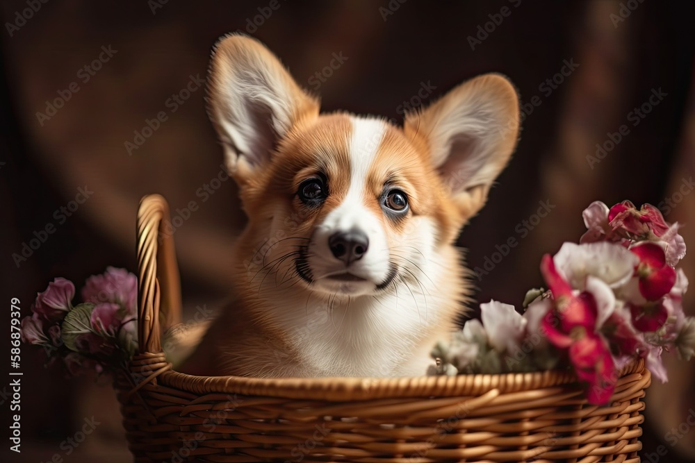 Pembroke Welsh corgi puppy with flowers. Generative AI